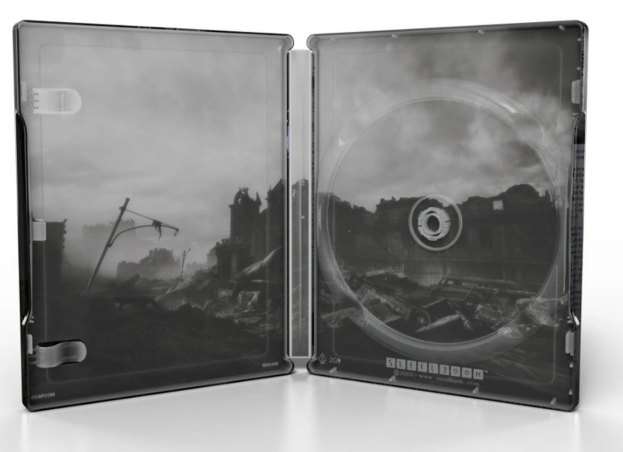 Open DVD case with a black and white image of a destroyed cityscape on the cover.