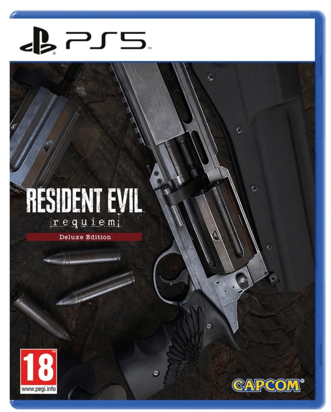 PlayStation 5 game disc cover for 'Resident Evil Requiem' with gun and ammunition on a dark background.