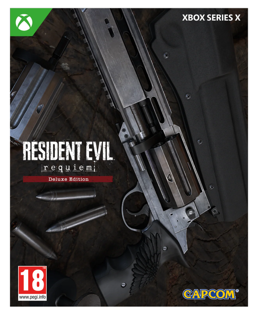 Game cover of 'Resident Evil Requiem' for Xbox Series X with weapons and 'CAPCOM' branding.