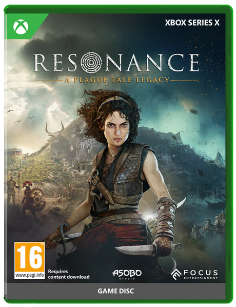 Front cover of the Xbox Series X video game Resonance: A Plague Tale Legacy, showing a fantasy scene with a female warrior holding a blade, the game title at the top, Xbox branding, a PEGI 16 rating logo, and publisher logos at the bottom.