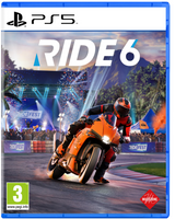 Game cover for 'RIDE 6' on PS5 with a rider on a motorcycle at a race track.