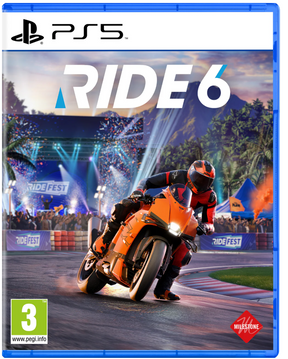 Game cover for 'RIDE 6' on PS5 with a rider on a motorcycle at a race track.