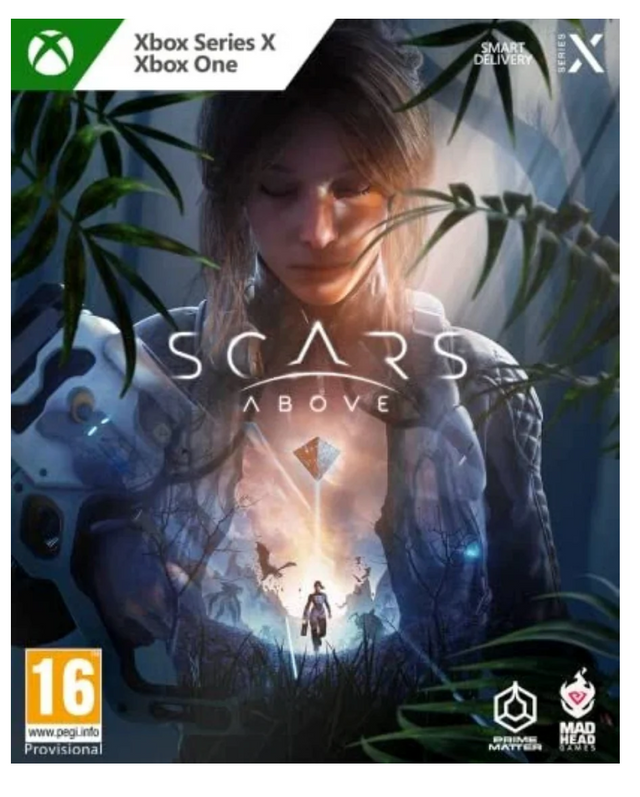 Game cover of 'Scars Above' for Xbox with a woman's face and nature elements.