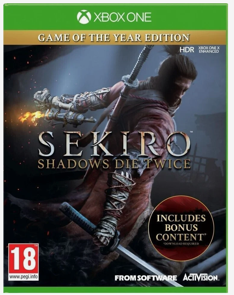 Front cover of the Xbox One game 'Sekiro: Shadows Die Twice - Game of the Year Edition', showing a samurai warrior in a dark red robe holding a sword, with Xbox One branding, a PEGI 18 rating, and an 'Includes Bonus Content' badge.