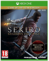 Front cover of the Xbox One game 'Sekiro: Shadows Die Twice - Game of the Year Edition', showing a samurai warrior in a dark red robe holding a sword, with Xbox One branding, a PEGI 18 rating, and an 'Includes Bonus Content' badge.