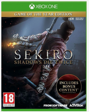 Front cover of the Xbox One game 'Sekiro: Shadows Die Twice - Game of the Year Edition', showing a samurai warrior in a dark red robe holding a sword, with Xbox One branding, a PEGI 18 rating, and an 'Includes Bonus Content' badge.