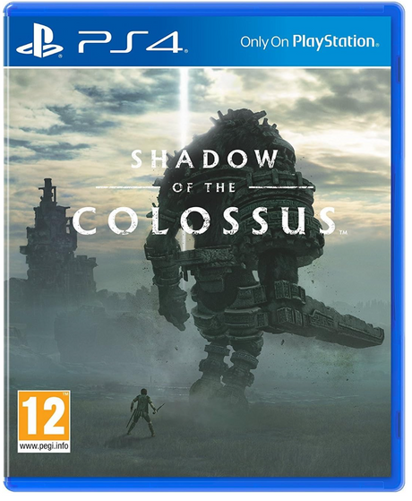 Game cover of 'Shadow of the Colossus' for PS4 with a colossus and a player character on a reflective surface.