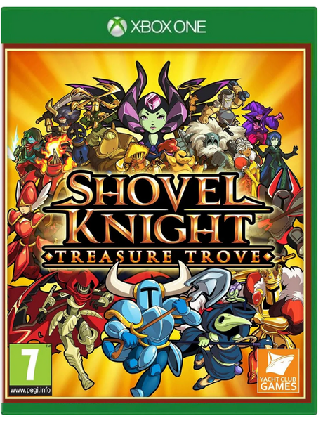 Shovel Knight Treasure Trove game box for Xbox One with colorful characters on a yellow background