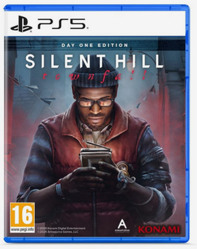 PS5 Silent Hill Townfall Day One Edition game case cover, featuring a man in a red vest and striped beanie looking at a device, with PS5, PEGI 16, and Konami branding visible.