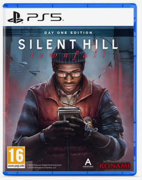 PS5 Silent Hill Townfall Day One Edition game case cover, featuring a man in a red vest and striped beanie looking at a device, with PS5, PEGI 16, and Konami branding visible.