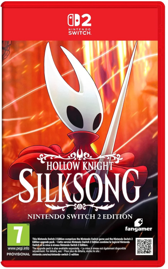 Nintendo Switch 2 Edition game case for Hollow Knight: Silksong, featuring the game cover art with the Hollow Knight character, a red Nintendo Switch 2 logo at the top, and publisher branding including Fangamer.