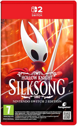 Nintendo Switch 2 Edition game case for Hollow Knight: Silksong, featuring the game cover art with the Hollow Knight character, a red Nintendo Switch 2 logo at the top, and publisher branding including Fangamer.