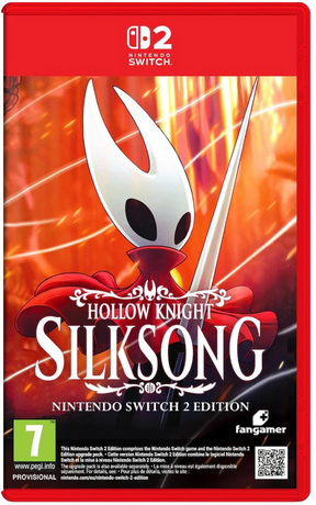 Nintendo Switch 2 Edition game case for Hollow Knight: Silksong, featuring the game cover art with the Hollow Knight character, a red Nintendo Switch 2 logo at the top, and publisher branding including Fangamer.