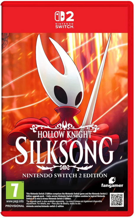 Nintendo Switch 2 Edition game case for Hollow Knight: Silksong, featuring the game cover art with the Hollow Knight character, a red Nintendo Switch 2 logo at the top, and publisher branding including Fangamer.