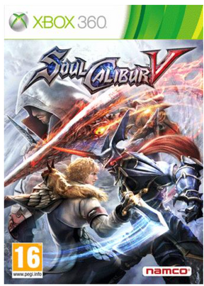 Front cover art for the video game Soul Calibur V for Xbox 360, featuring illustrated characters in combat with glowing swords and a snowy background. The Xbox 360 banner appears at the top, with a PEGI 16 rating logo at the bottom left and the Namco logo at the bottom right.