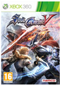 Front cover art for the video game Soul Calibur V for Xbox 360, featuring illustrated characters in combat with glowing swords and a snowy background. The Xbox 360 banner appears at the top, with a PEGI 16 rating logo at the bottom left and the Namco logo at the bottom right.