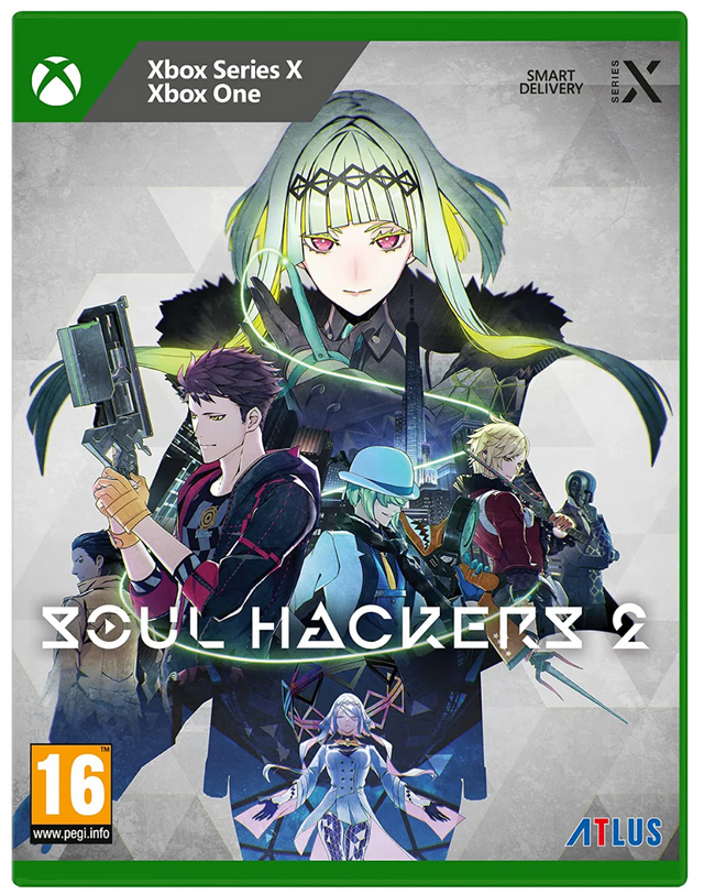 Game box for 'Soul Hackers 2' featuring characters and branding on a white background.
