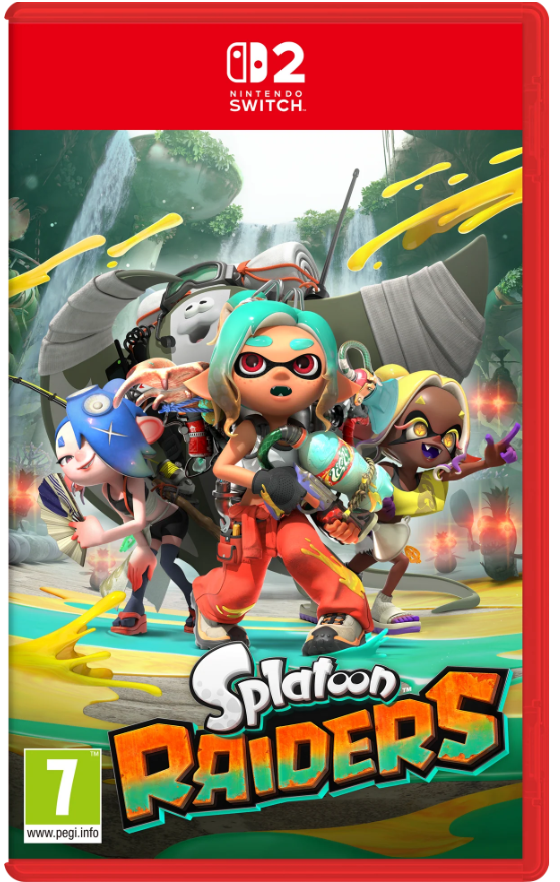 Game box for 'Splatoon Raiders' on Nintendo Switch with colorful characters and dynamic background.