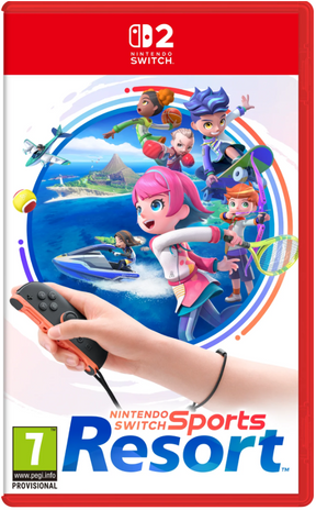 Nintendo Switch Sports Resort game cover art for Nintendo Switch, featuring colorful illustrated characters engaging in outdoor sports, a red border, and a hand holding a game controller in the foreground.