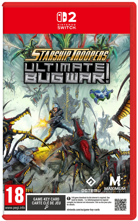 Nintendo Switch game case for Starship Troopers Ultimate Bug War!, featuring colorful sci-fi insect-themed artwork with a red Nintendo Switch banner at the top and PEGI 18 rating at the bottom left.