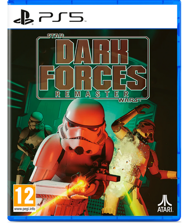 Game case for 'Star Wars: Dark Forces Remaster' on PS5 with stormtrooper and other characters.