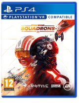 PlayStation 4 game case for 'Star Wars: Squadrons' with a character in a spacesuit and helmet.