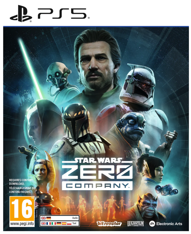 Front cover art for the video game Star Wars: Zero Company for PlayStation 5, featuring multiple Star Wars characters against a dark space background with the PS5 logo at the top and publisher logos at the bottom.