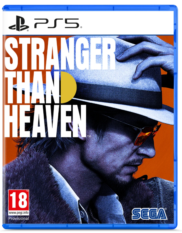 PS5 game case for Stranger Than Heaven, featuring a stylized portrait of a man in a hat and sunglasses against an orange background, with PS5 and SEGA branding visible.