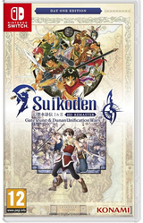 Nintendo Switch game console with 'Suikoden' packaging featuring characters and Konami logo.