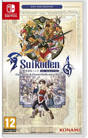 Nintendo Switch game console with 'Suikoden' packaging featuring characters and Konami logo.
