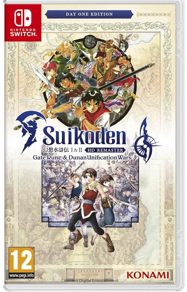 Nintendo Switch game console with 'Suikoden' packaging featuring characters and Konami logo.