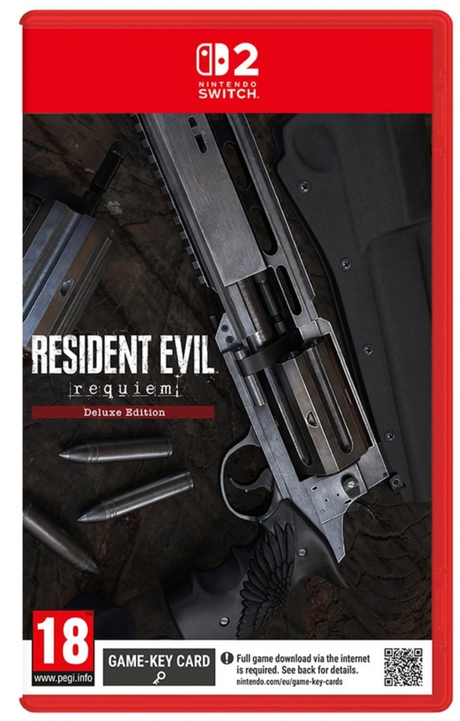 Game case for 'Resident Evil Requiem' Deluxe Edition on Nintendo Switch with gun and knife design.