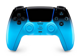 Blue gaming controller with a black screen on a white background