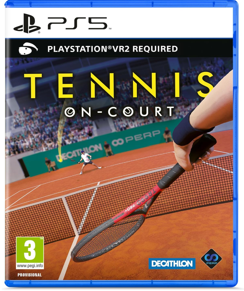 PlayStation 5 game disc cover for 'Tennis On-Court' with a tennis racket and player on court.