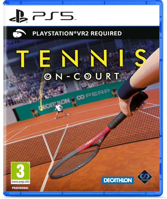 PlayStation 5 game disc cover for 'Tennis On-Court' with a tennis racket and player on court.