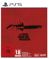 Game case for 'The Texas Chain Saw Massacre' with a chainsaw illustration on a red background, featuring the PS5 logo.