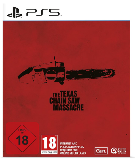 Game case for 'The Texas Chain Saw Massacre' with a chainsaw illustration on a red background, featuring the PS5 logo.