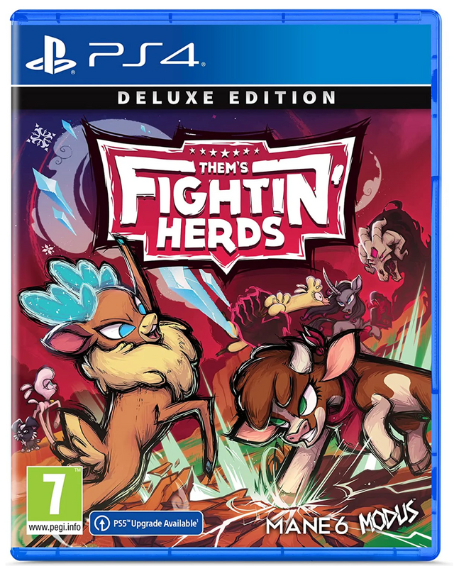 Game box for 'Them's Fightin' Herds' Deluxe Edition on PS4 with colorful design and character illustrations.