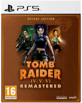 Tomb Raider IV-V-VI Remastered Deluxe Edition packaging for PS5 with character images and branding.