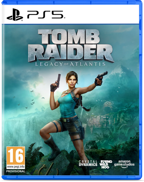 PS5 game case for Tomb Raider: Legacy of Atlantis, featuring Lara Croft in a teal top and dark shorts against a teal jungle background, with PS5 branding at the top and publisher logos at the bottom.