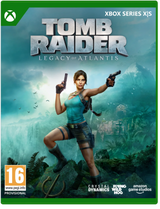Front cover art for the video game Tomb Raider: Legacy of Atlantis, Xbox Series X|S edition. The cover features Lara Croft in a teal top and shorts holding two pistols, set against a teal-green jungle background with the game title in large metallic letters.