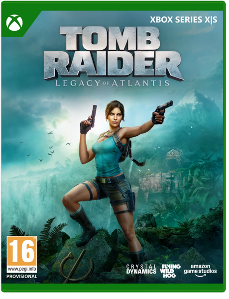 Front cover art for the video game Tomb Raider: Legacy of Atlantis, Xbox Series X|S edition. The cover features Lara Croft in a teal top and shorts holding two pistols, set against a teal-green jungle background with the game title in large metallic letters.