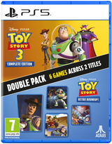 PS5 game case cover for Disney Pixar Toy Story 3 Complete Edition double pack, featuring Buzz Lightyear, Woody, and other Toy Story characters on a yellow and blue background with text reading 'Double Pack 6 Games Across 2 Titles'.
