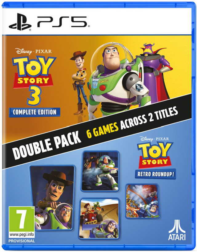 PS5 game case cover for Disney Pixar Toy Story 3 Complete Edition double pack, featuring Buzz Lightyear, Woody, and other Toy Story characters on a yellow and blue background with text reading 'Double Pack 6 Games Across 2 Titles'.