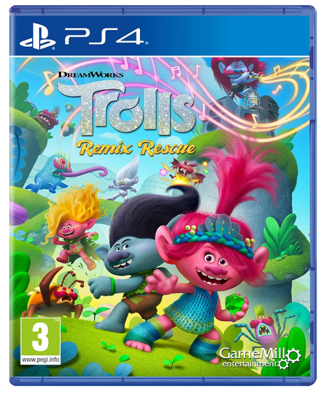 PlayStation 4 game case for 'DreamWorks Trolls Remix Rescue' with animated characters on a blue background.