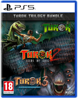 Turok Trilogy Bundle packaging for PS5 with Turok, Turok 2, and Turok 3 on a blue background.