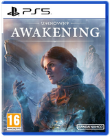 PS5 game cover for Unknown Awakening, featuring a woman in a dark coat with glowing blue energy effects, a sci-fi vehicle, rocky background, PS5 branding at the top, PEGI 16 rating at bottom left, and Bandai Namco at bottom right.