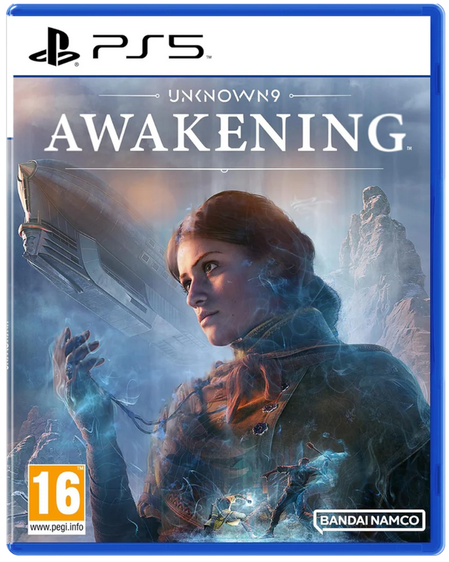 PS5 game cover for Unknown Awakening, featuring a woman in a dark coat with glowing blue energy effects, a sci-fi vehicle, rocky background, PS5 branding at the top, PEGI 16 rating at bottom left, and Bandai Namco at bottom right.
