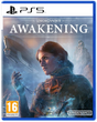 PS5 game cover for Unknown Awakening, featuring a woman in a dark coat with glowing blue energy effects, a sci-fi vehicle, rocky background, PS5 branding at the top, PEGI 16 rating at bottom left, and Bandai Namco at bottom right.
