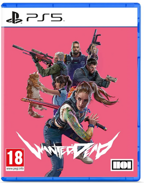 PlayStation 5 game disc cover for 'Wanted Dead or Alive' with characters and weapons on a pink background.